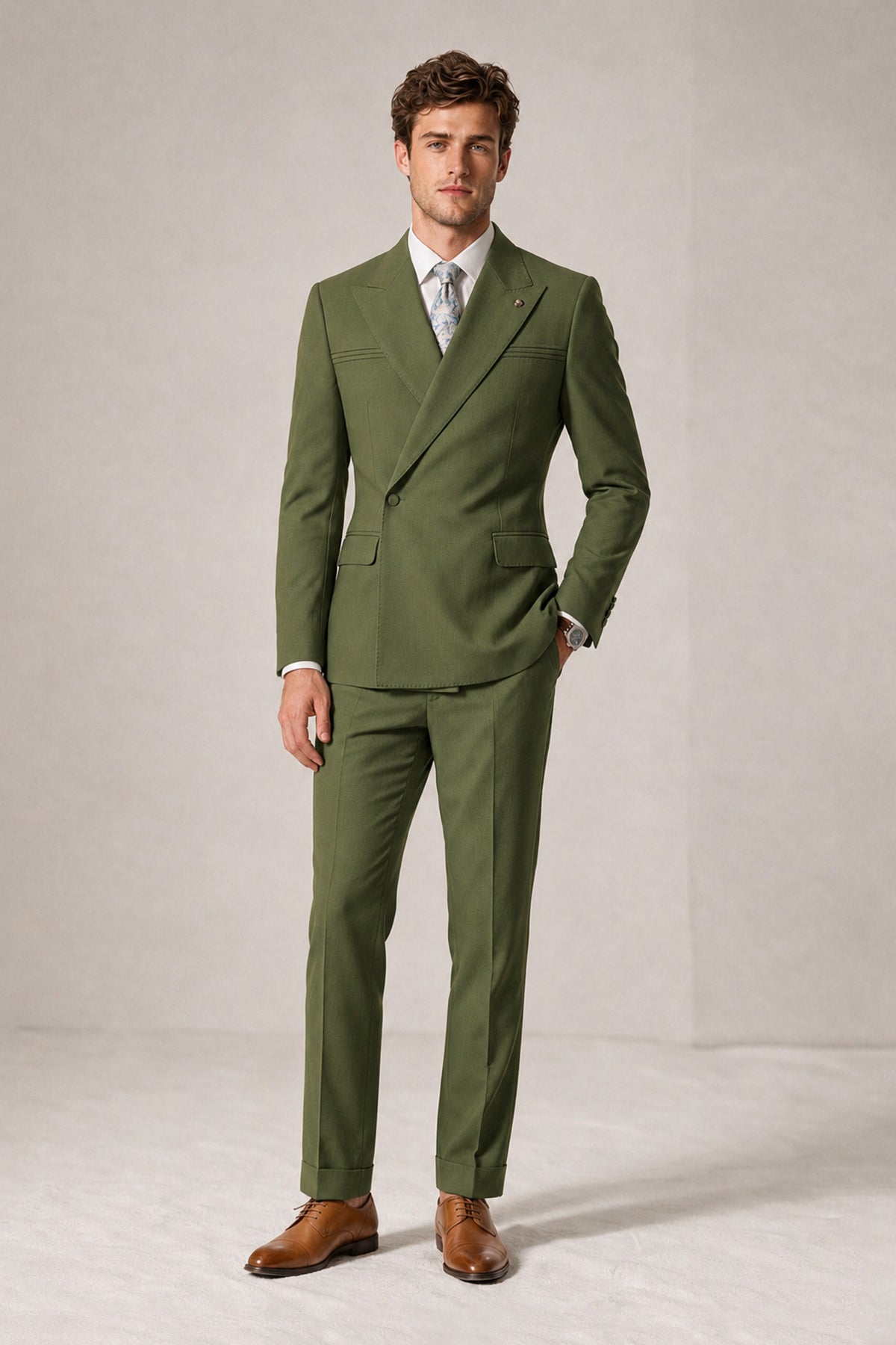 Savile Men's Olive Green Double-Breasted Slim Fit 2-Piece Suit Set – Peak Lapel Blazer & Cuffed Trousers | Wedding Prom Formal - Olive Green