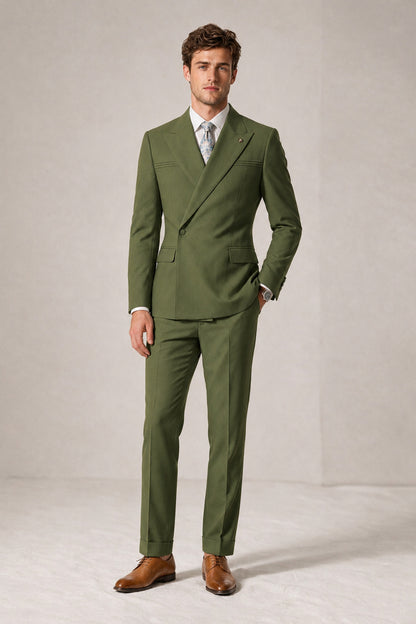 Savile Men's Olive Green Double-Breasted Slim Fit 2-Piece Suit Set – Peak Lapel Blazer & Cuffed Trousers | Wedding Prom Formal - Olive Green
