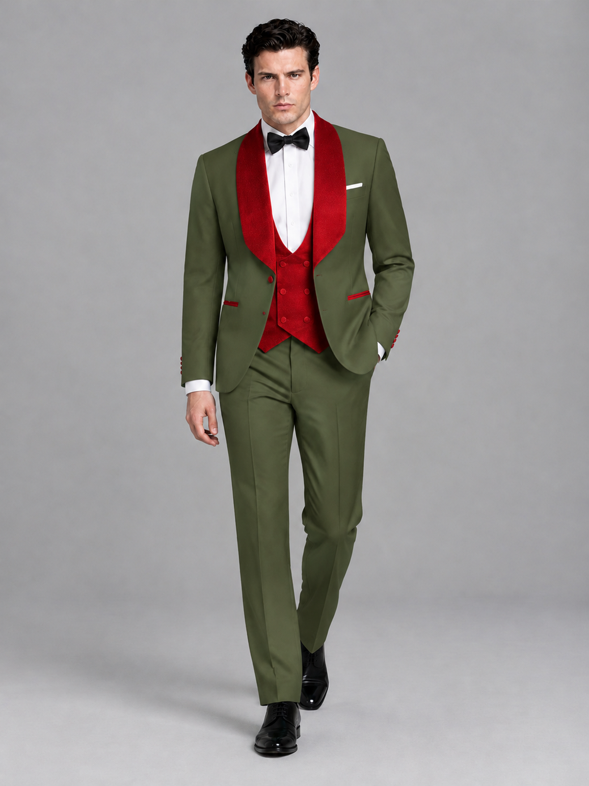 Savile Men's Olive Green 3-Piece Tuxedo Suit Set – Contrast Red Shawl Lapel Blazer, Red Waistcoat & Trousers - SUC020 - Olive_Green