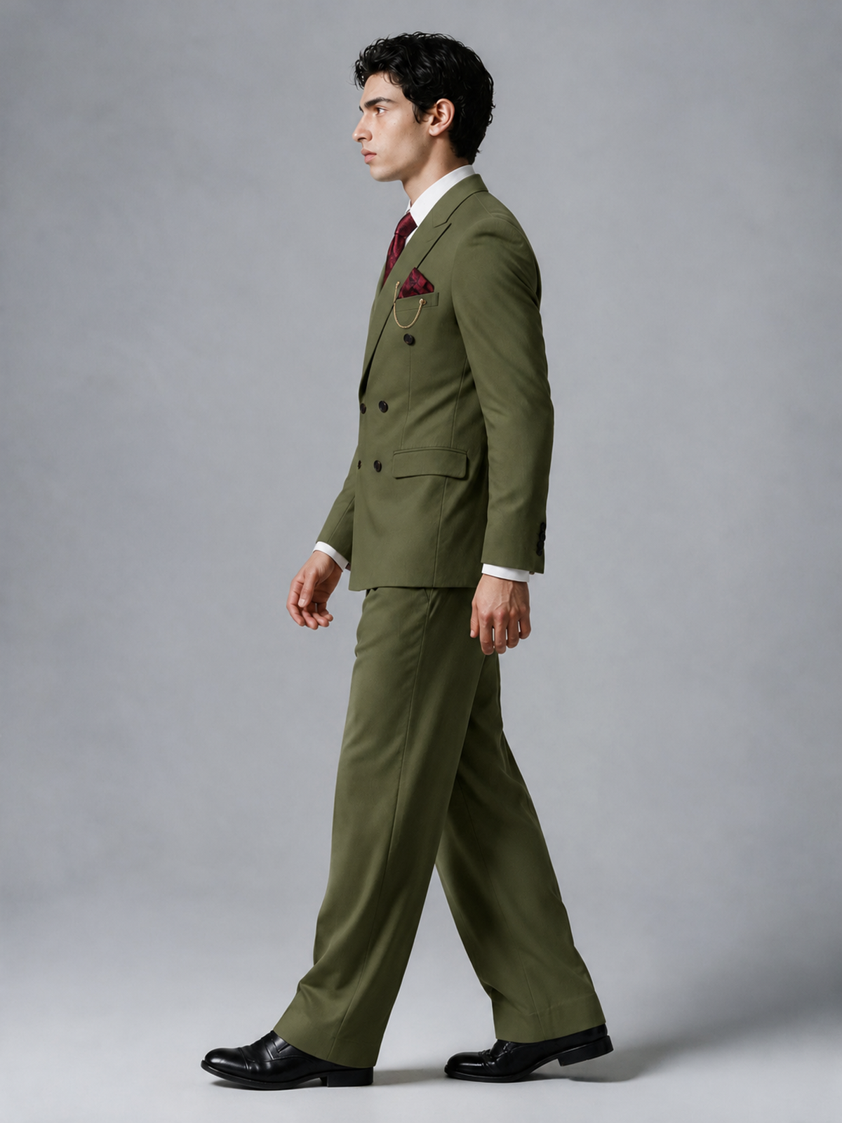 Savile Men's Olive Green Double-Breasted 2-Piece Suit Set – Peak Lapel Blazer & Pleated Wide-Leg Trousers - Olive Green - Olive Green_4
