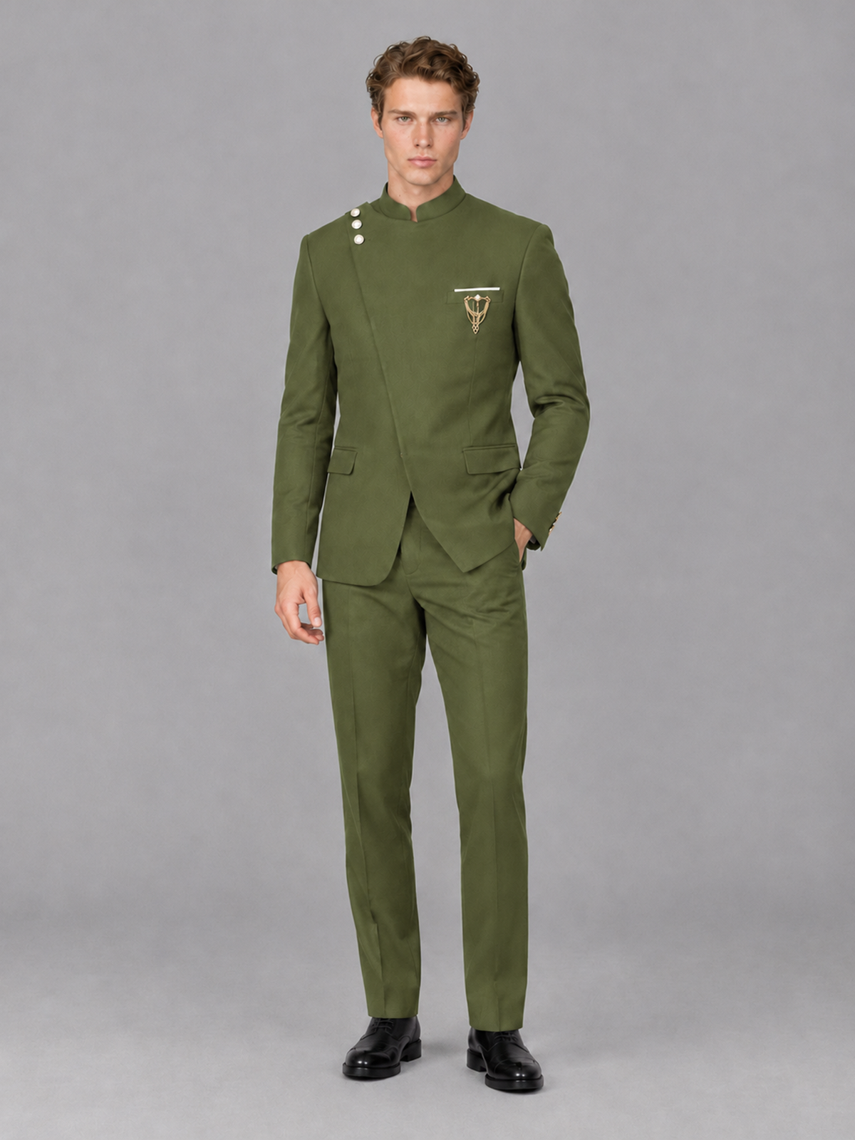 Savile Men's Olive Green Mandarin Collar Asymmetrical 2-Piece Suit Set – Modern Jacket & Trousers - Olive Green - Olive Green_4