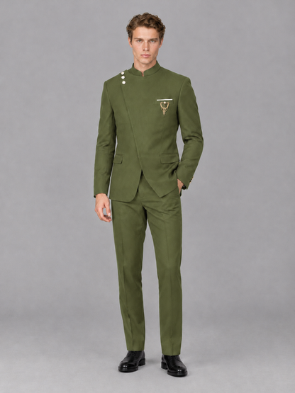 Savile Men's Olive Green Mandarin Collar Asymmetrical 2-Piece Suit Set – Modern Jacket & Trousers - Olive Green - Olive Green_4