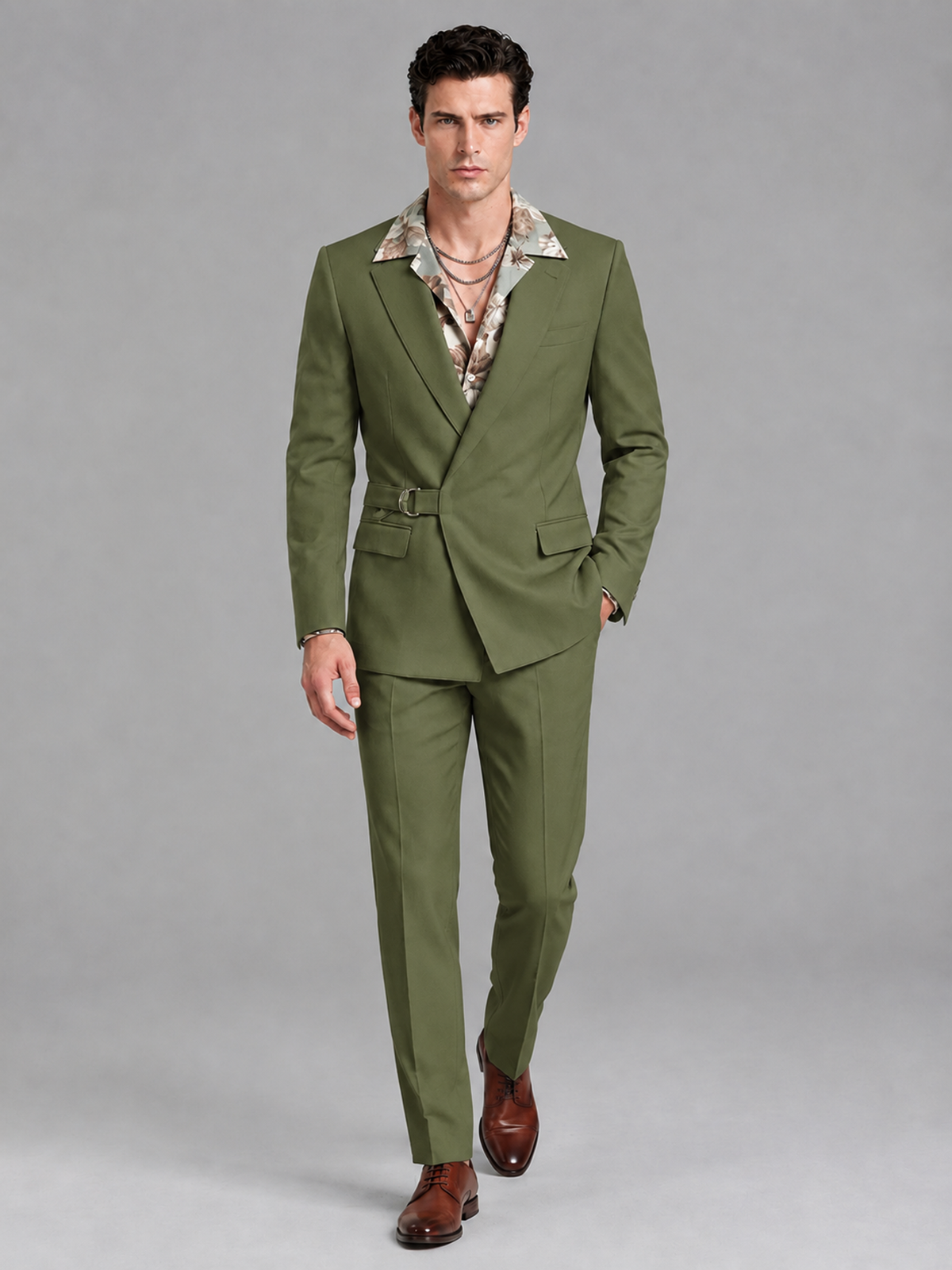 Savile Men's Olive Green Belted Wrap 2-Piece Suit – Peak Lapel Blazer & Tailored Trousers - SUC060 - Olive Green - Olive Green_4