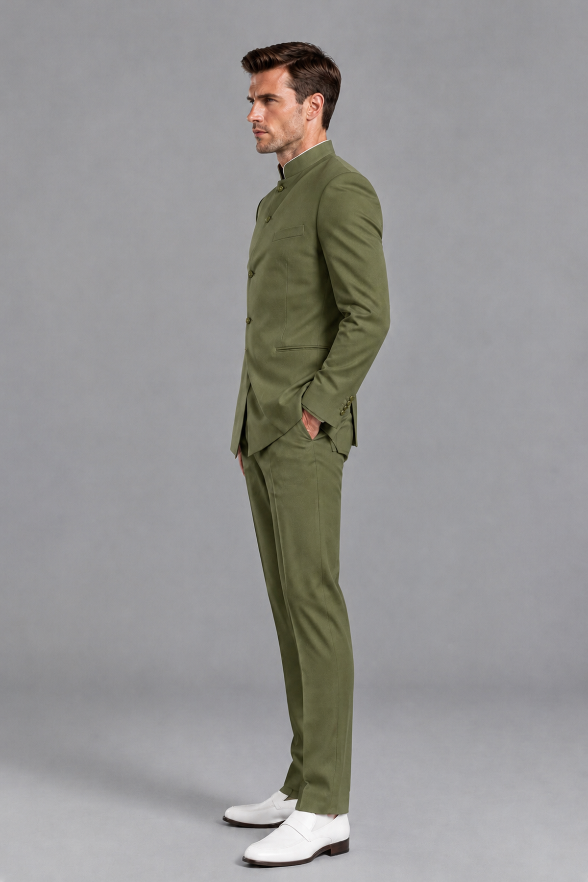 Savile Men's Olive Green Asymmetrical Mandarin Collar Tuxedo Suit – Modern 2-Piece Gold Button Wedding, Prom & Gala Set - Olive Green - Olive Green_4