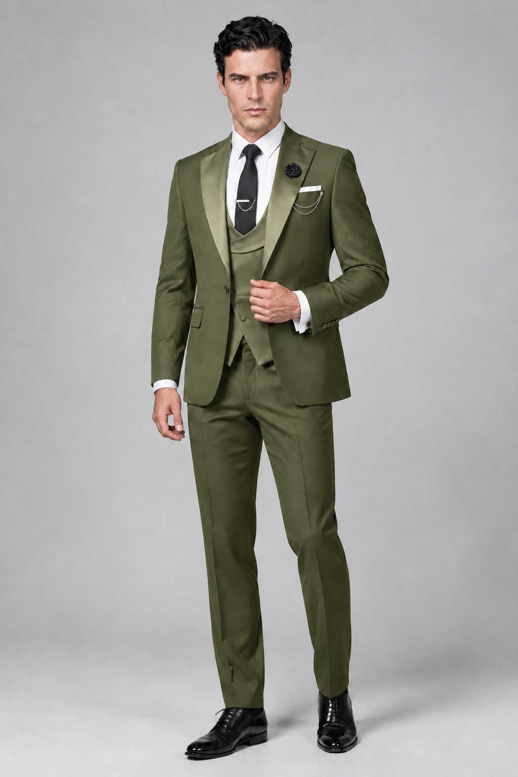 Savile Men's Olive Green 3-Piece Tuxedo Suit – Contrast Silver Peak Lapel & Grey Vest Formal Set - Olive Green - Olive Green_4
