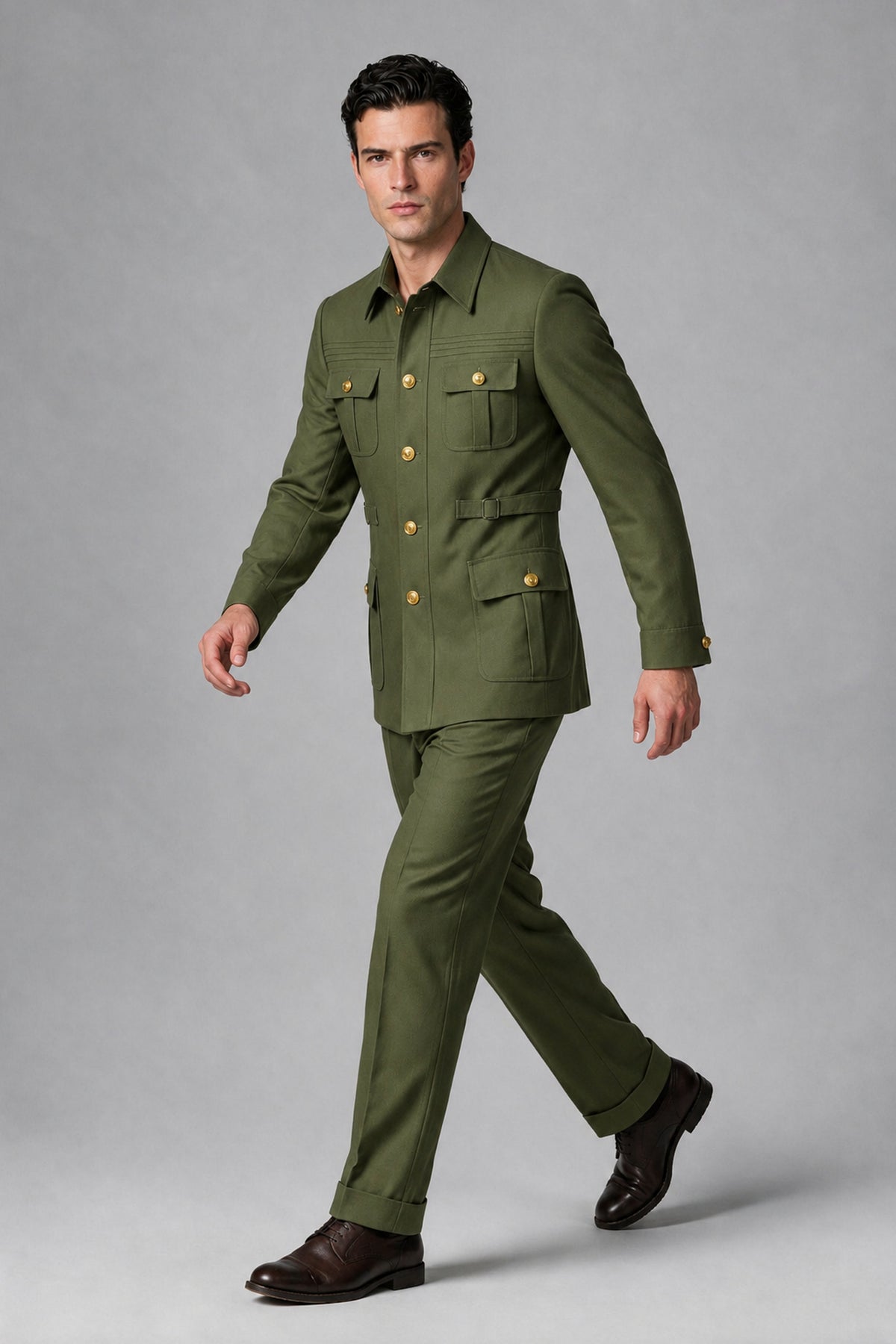 Savile Olive Green Safari Jacket & Trousers Two-Piece Men's Suit - Olive Green