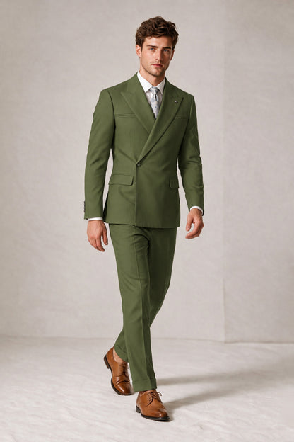 Savile Men's Olive Green Double-Breasted Slim Fit 2-Piece Suit Set – Peak Lapel Blazer & Cuffed Trousers | Wedding Prom Formal - Olive Green