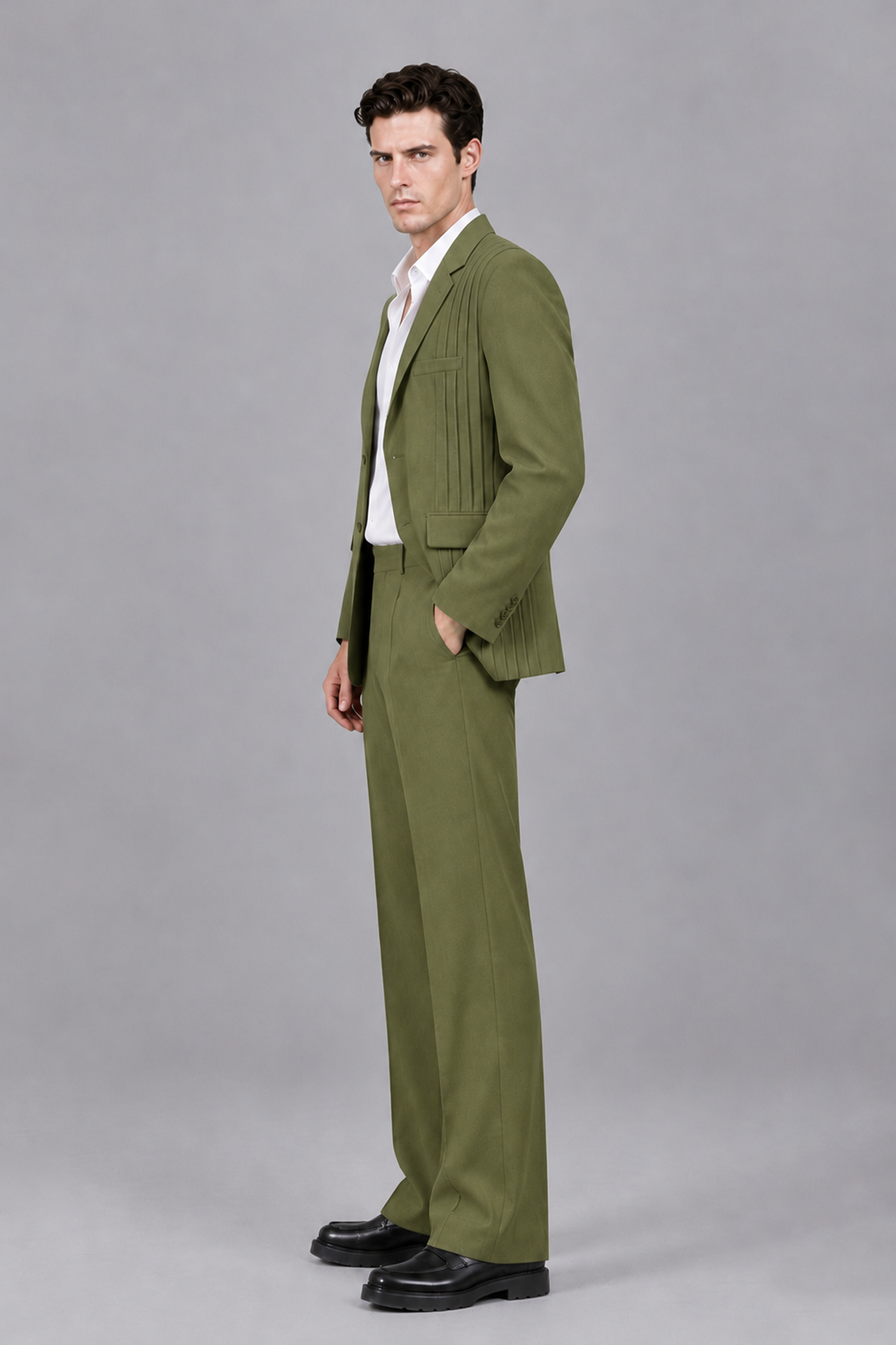 Savile Men's Olive Green Pleated 2-Piece Suit Set | Notch Lapel Blazer & Tailored Trousers - Olive Green - Olive Green_4