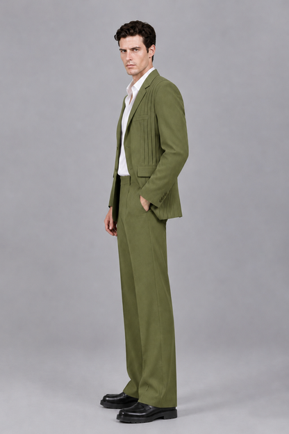 Savile Men's Olive Green Pleated 2-Piece Suit Set | Notch Lapel Blazer & Tailored Trousers - Olive Green - Olive Green_4