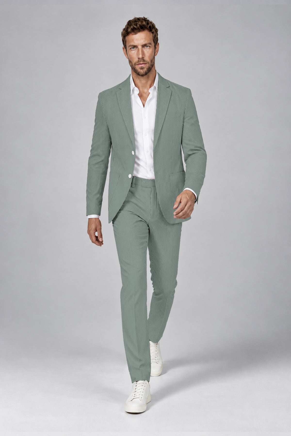 Savile Men's Olive Green Striped 2-Piece Suit Set – Notch Lapel Blazer & Tailored Trousers - Olive Green - Olive_Green(4)