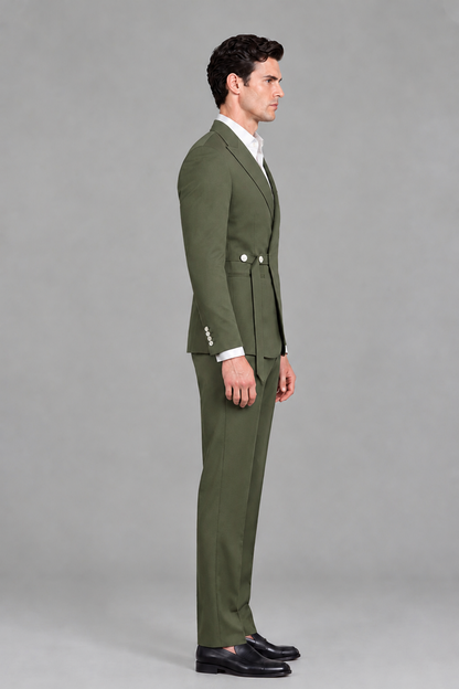 Savile Men's Modern Olive Green 2-Piece Wrap Suit Set – Peak Lapel Side-Button Blazer & Tailored Trousers - Olive Green - Olive_Green_4
