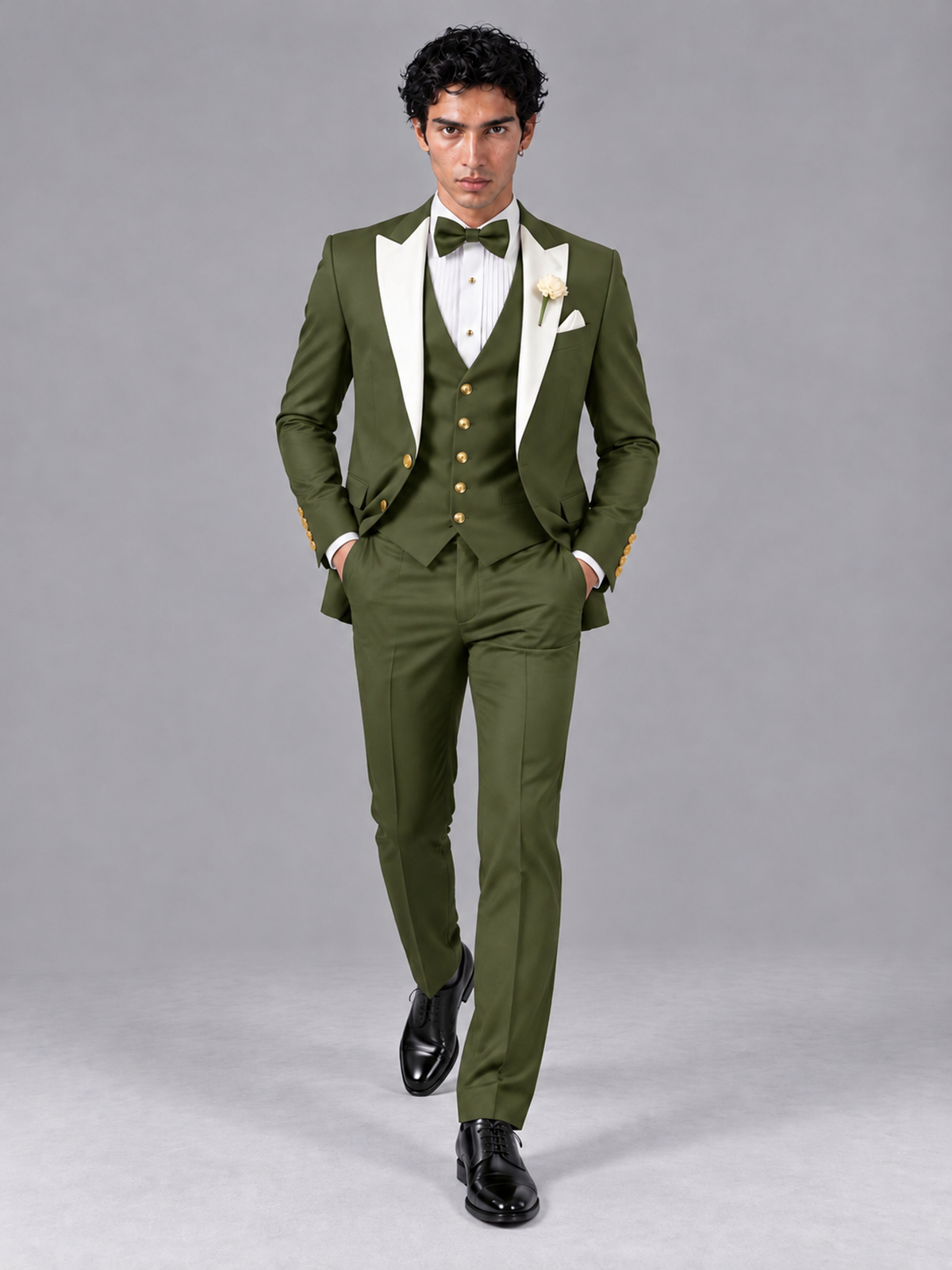Savile Men's Olive Green Contrast White Peak Lapel 3-Piece Tuxedo Suit - Olive_Green