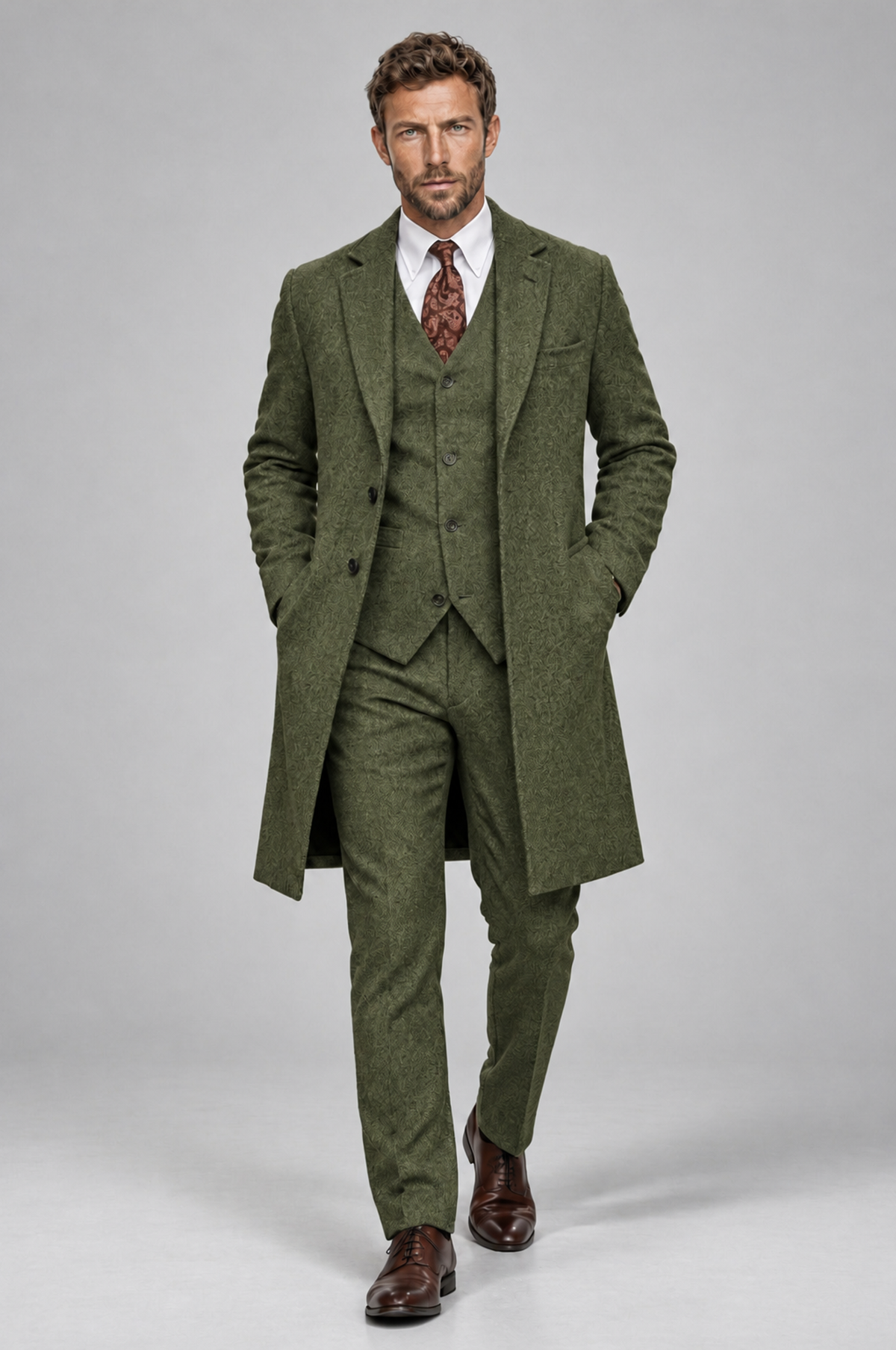 Savile Men's Olive Green Grey 3-Piece Overcoat Suit Set – Notch Lapel Long Coat, Vest & Trousers - Olive Green - Olive_Green_4