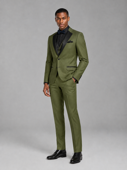 Savile Men's Olive Green Contrast Shawl Lapel Tuxedo Suit – 3-Piece Wedding, Prom & Black-Tie Formal Set - Olive Green - Olive Green_4
