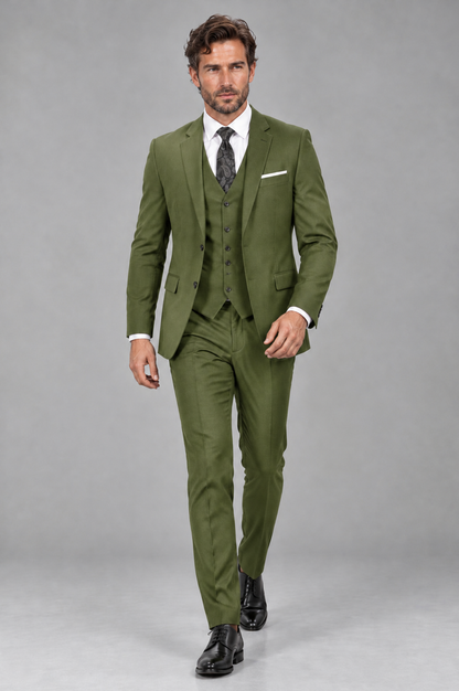 Savile Men's Olive Green 3-Piece Suit Set – Notch Lapel Blazer, Vest & Trousers - Olive Green - Olive_Green_4