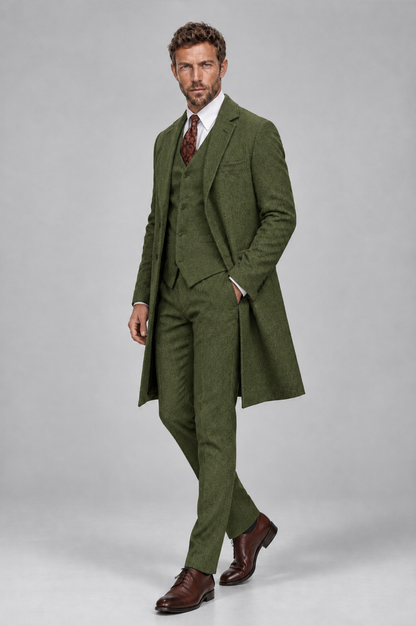 Savile Men's Olive Green Grey 3-Piece Overcoat Suit Set – Notch Lapel Long Coat, Vest & Trousers - Olive Green - Olive_Green_5