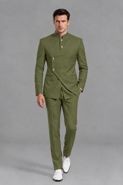Savile Men's Olive Green Asymmetrical Mandarin Collar Tuxedo Suit – Modern 2-Piece Gold Button Wedding, Prom & Gala Set - Olive Green - Olive Green_5
