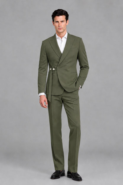Savile Men's Modern Olive Green 2-Piece Wrap Suit Set – Peak Lapel Side-Button Blazer & Tailored Trousers - Olive Green - Olive_Green_5