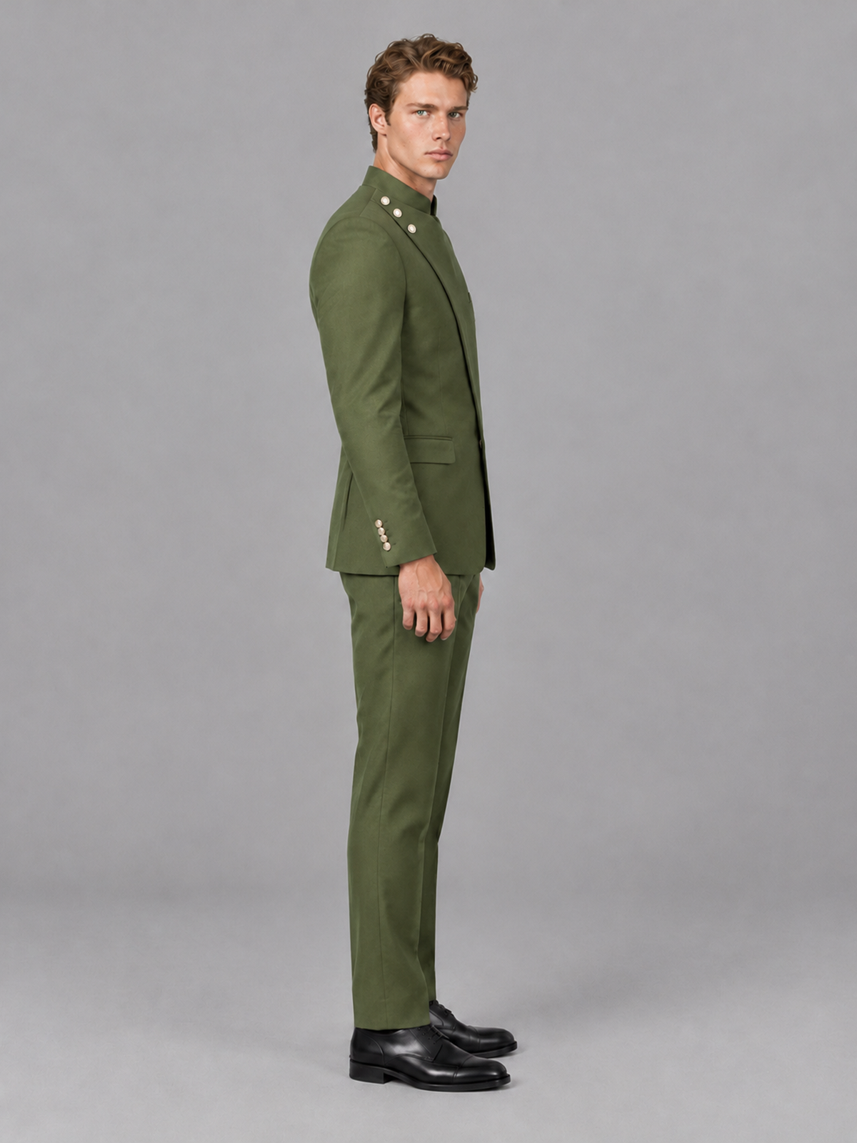 Savile Men's Olive Green Mandarin Collar Asymmetrical 2-Piece Suit Set – Modern Jacket & Trousers - Olive Green - Olive Green_5