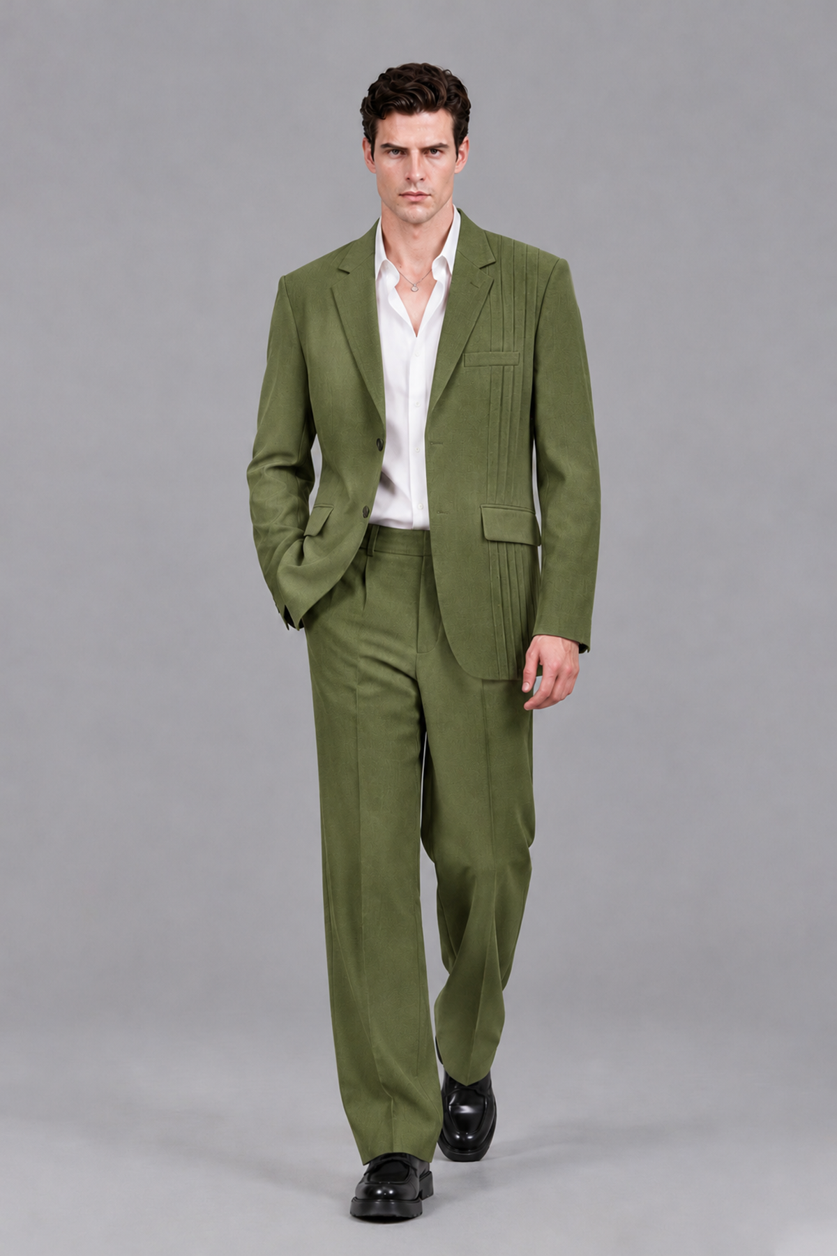 Savile Men's Olive Green Pleated 2-Piece Suit Set | Notch Lapel Blazer & Tailored Trousers - Olive Green - Olive Green_5
