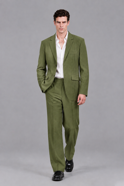 Savile Men's Olive Green Pleated 2-Piece Suit Set | Notch Lapel Blazer & Tailored Trousers - Olive Green - Olive Green_5