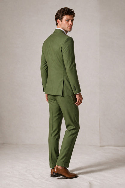 Savile Men's Olive Green Double-Breasted Slim Fit 2-Piece Suit Set – Peak Lapel Blazer & Cuffed Trousers | Wedding Prom Formal - Olive Green