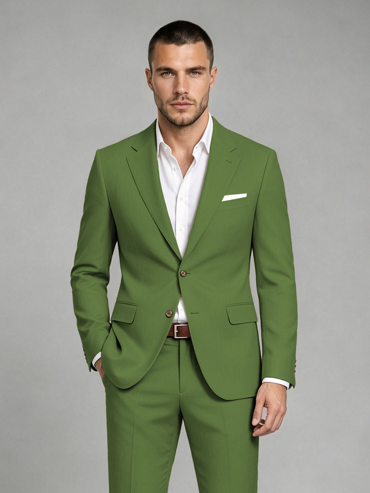 Savile Men's Dark Olive Green Wool-Blend 2-Piece Suit Set – Two-Button Notch Lapel Slim-Fit Blazer & Turn-Up Trousers - Olive Green