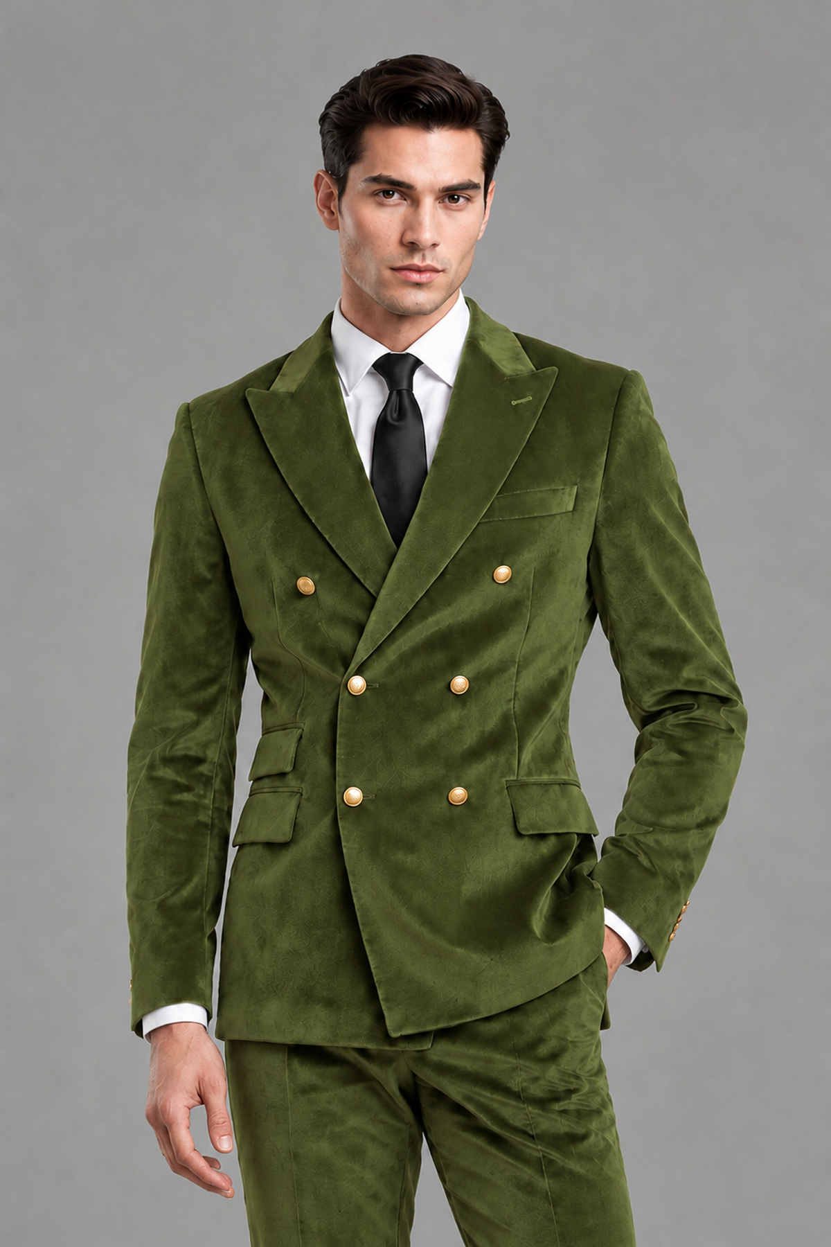 Savile Men's Olive Green Velvet Double-Breasted 2-Piece Suit Set | Peak Lapel Blazer & Trousers - Olive Green