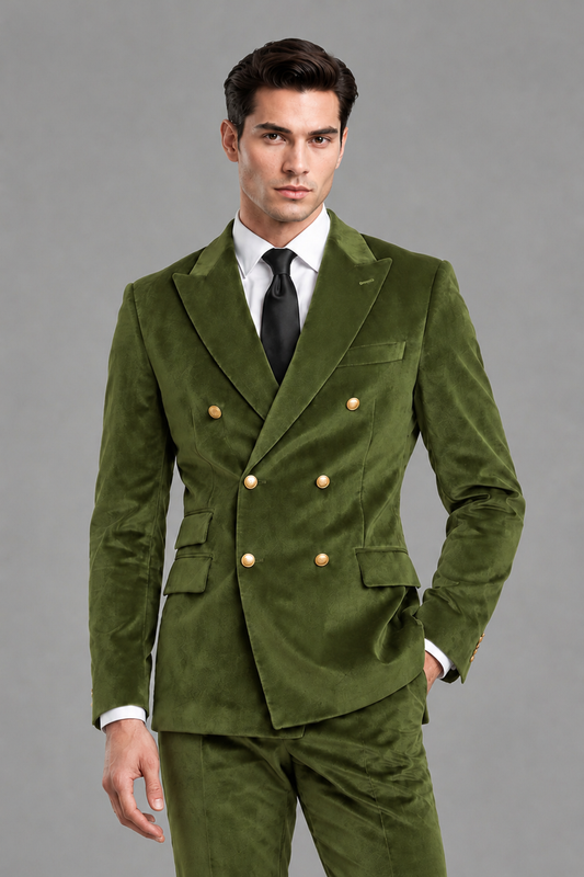 Savile Men's Olive Green Velvet Double-Breasted 2-Piece Suit Set | Peak Lapel Blazer & Trousers - Olive Green