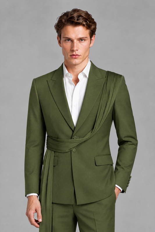Men's Olive Green Draped Sash Suit – Peak Lapel 2-Piece Slim Fit Party, Gala & Wedding Set - Olive Green