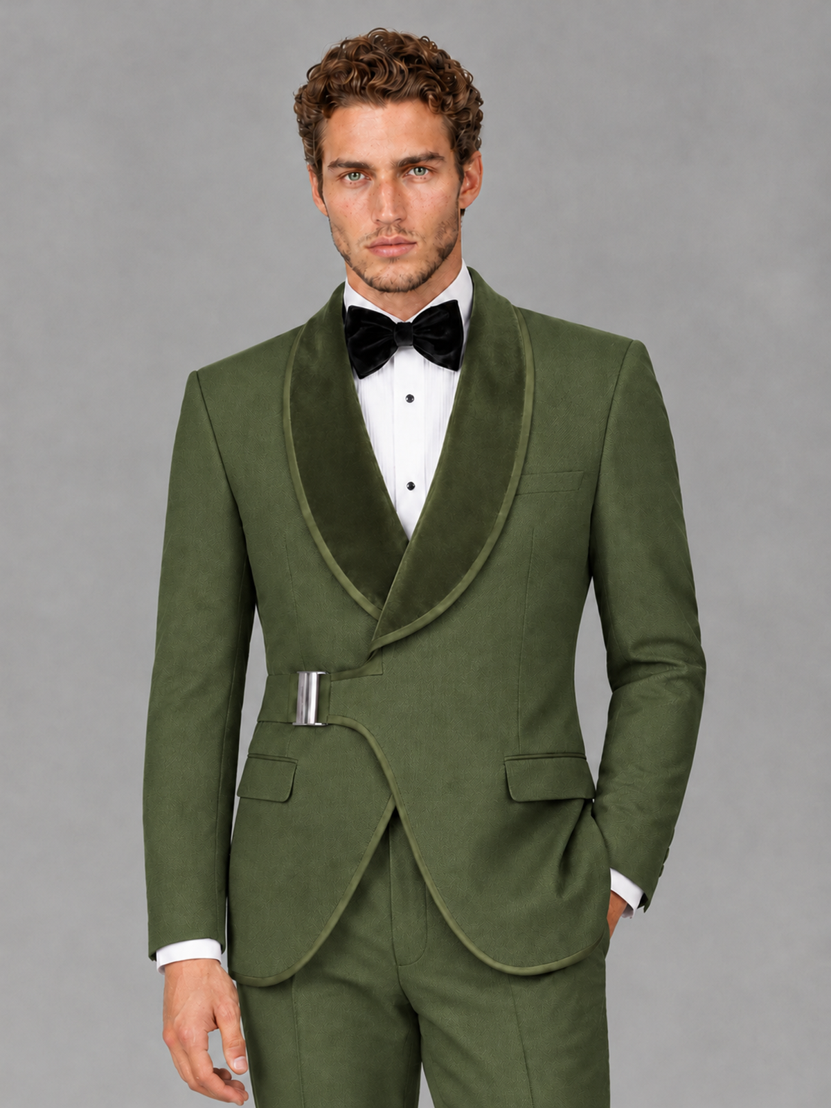 Savile Men's Olive Green Velvet Shawl Lapel Tuxedo Suit – Modern Side-Buckle Dinner Jacket & Trousers 2-Piece Set - Olive Green