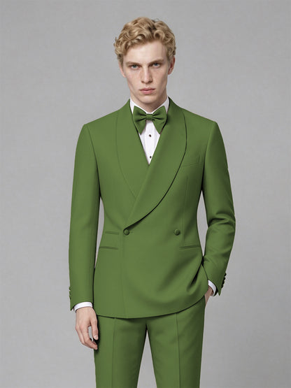 Men's Olive Green Single-Button Olive Green Satin Shawl Lapel Tuxedo Suit Set | Blazer & Trousers - Olive Green