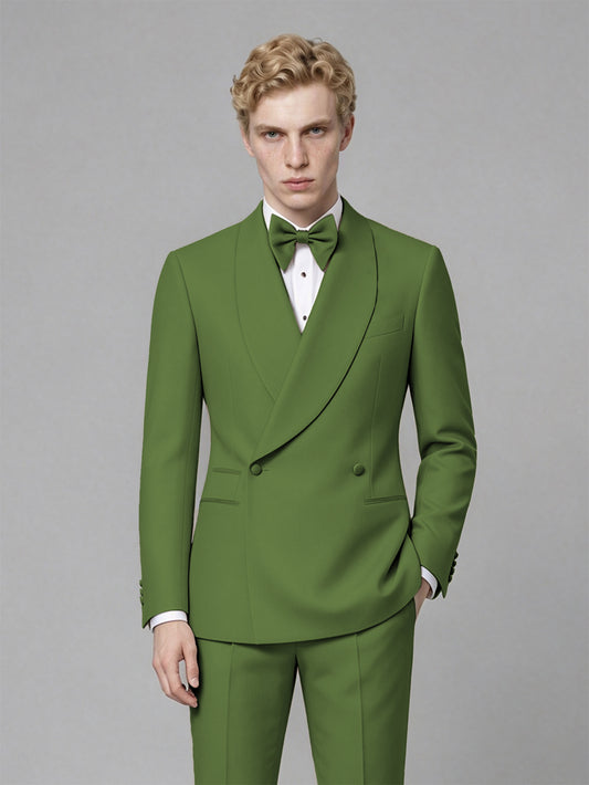 Men's Olive Green Single-Button Olive Green Satin Shawl Lapel Tuxedo Suit Set | Blazer & Trousers - Olive Green