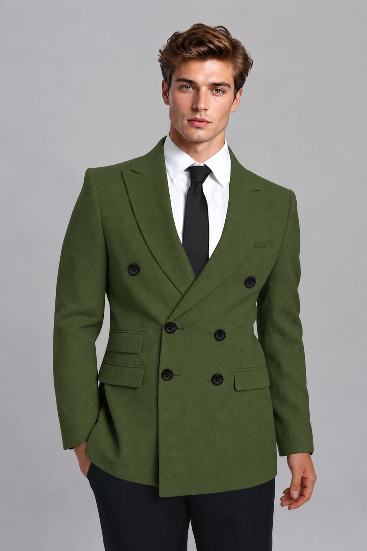 Savile Men's Olive Green Double-Breasted Peak Lapel Blazer - Olive Green