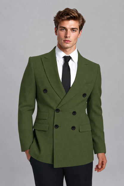Savile Men's Olive Green Double-Breasted Peak Lapel Blazer - Olive Green