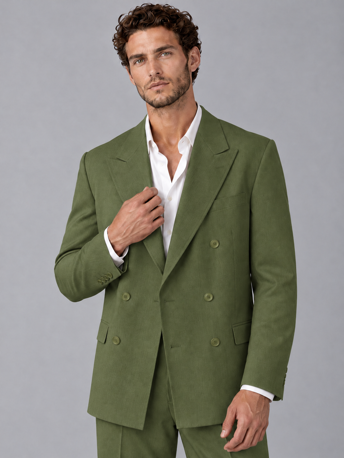 Savile Olive Green Beige Double-Breasted 2-Piece Suit with Peak Lapel - Olive Green