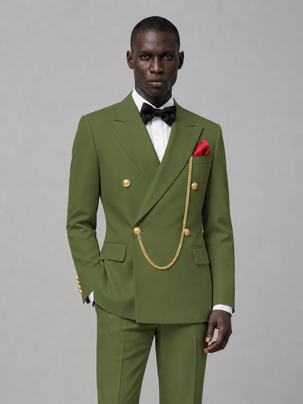 Men's Olive Green Double-Breasted 2-Piece Suit Set – Jacket & Trousers | Olive Green Chain - Olive Green