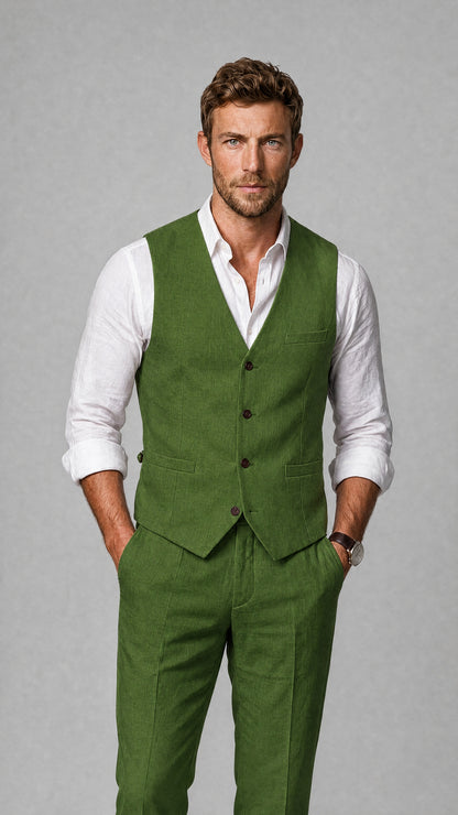 Men's Olive Green Linen Blend Single-Breasted V-Neck Suit Vest | Savile QX0101 - Olive Green