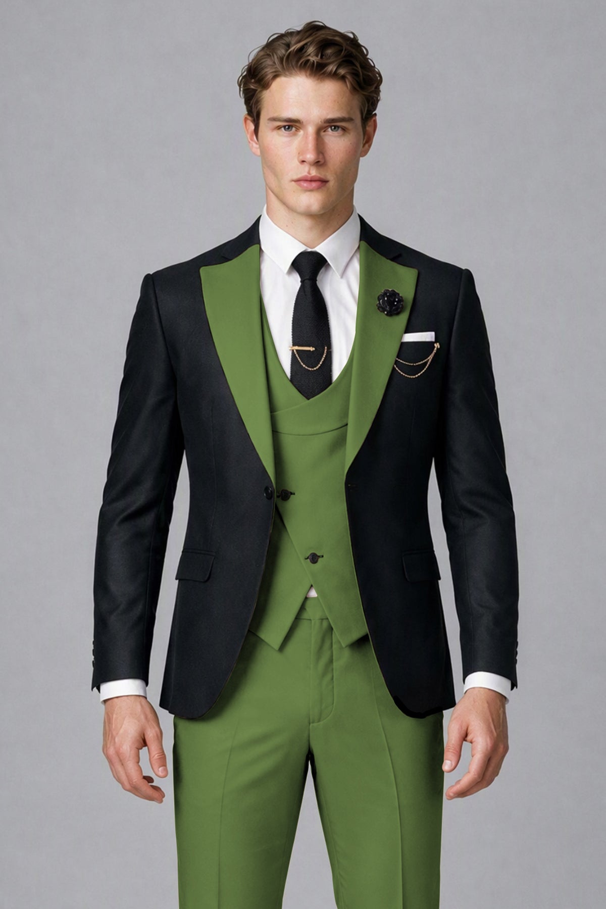 Savile Men's Black & Olive Green Three-Piece Wedding Suit - Olive Green