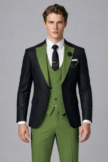 Savile Men's Black & Olive Green Three-Piece Wedding Suit - Olive Green