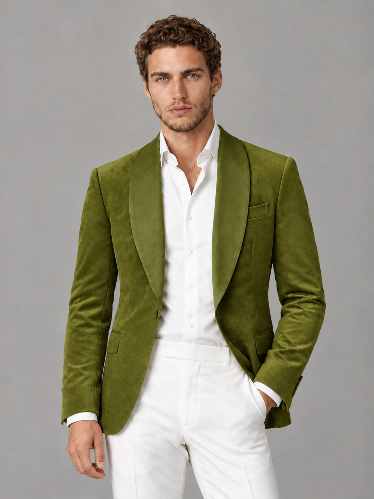 Savile Men's Olive Green Velvet Shawl Lapel 2-Piece Tuxedo Suit Set | Jacket & White Trousers - Olive Green - Olive Green (1)