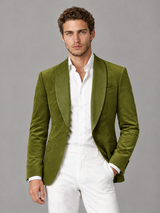 Savile Men's Olive Green Velvet Shawl Lapel 2-Piece Tuxedo Suit Set | Jacket & White Trousers - Olive Green - Olive Green (1)