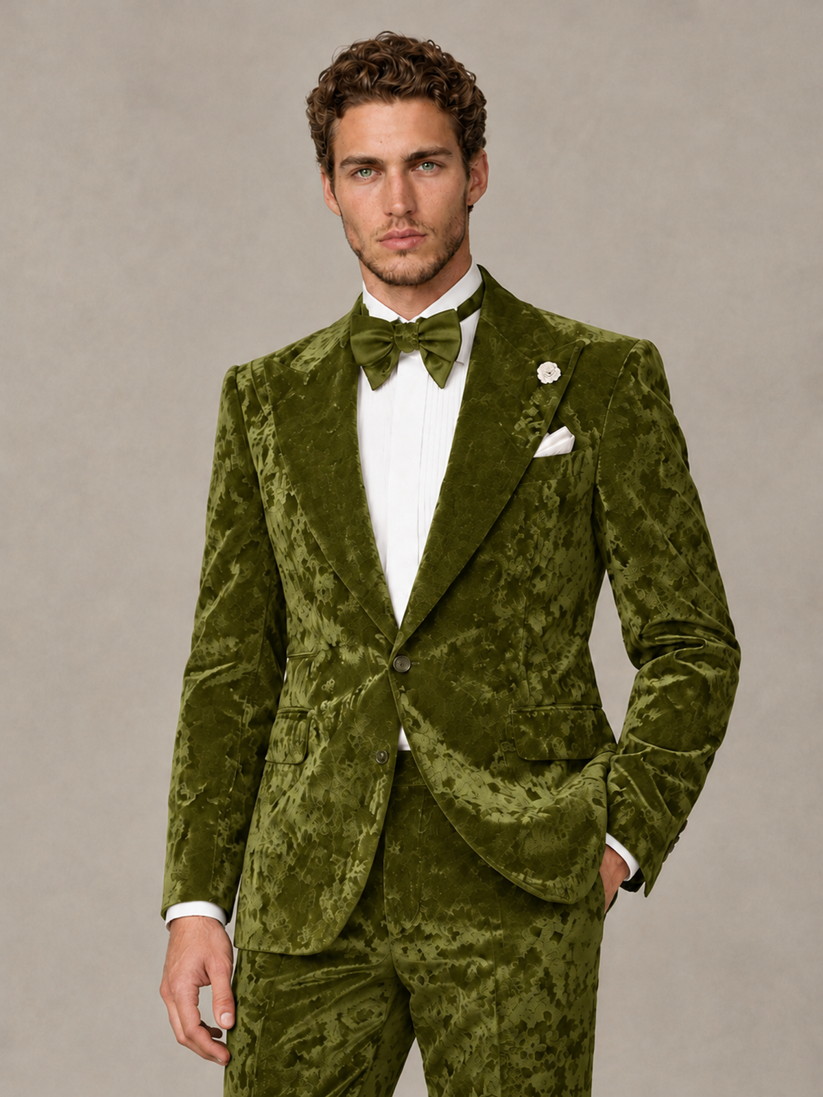 Savile Men's Olive Green Crushed Velvet Peak Lapel 2-Piece Suit Set | Jacket & Trousers - Olive Green - Olive Green (1)