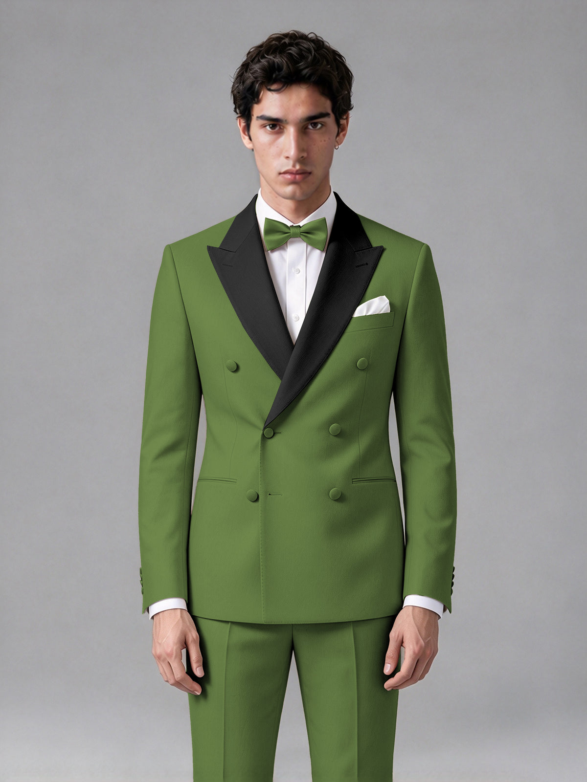 Men's Olive Green Double-Breasted Satin Peak Lapel Tuxedo Suit Set (Jacket + Trousers) - Olive Green