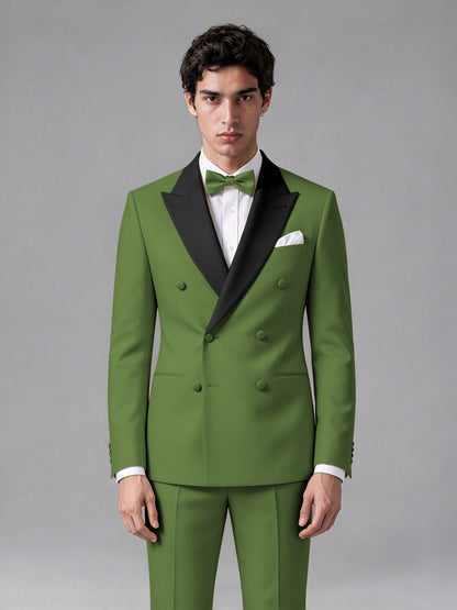 Men's Olive Green Double-Breasted Satin Peak Lapel Tuxedo Suit Set (Jacket + Trousers) - Olive Green