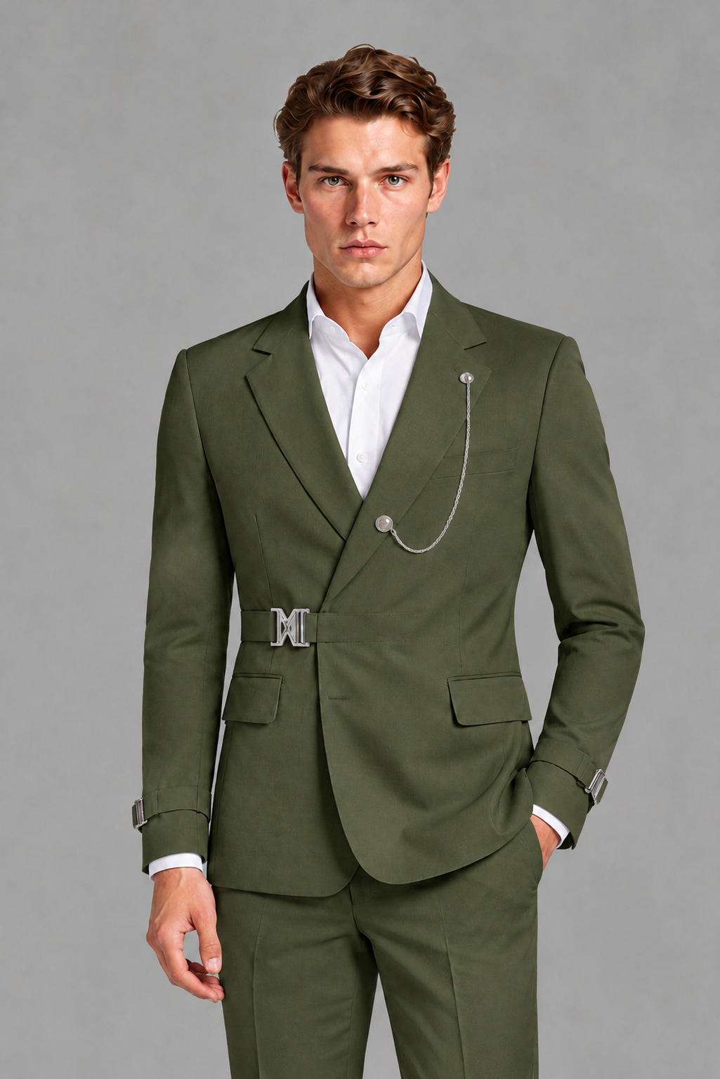 Savile Men's Olive Green Buckle-Closure 2-Piece Suit Set | Peak Lapel Blazer & Trousers - Olive Green