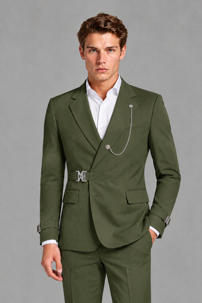 Savile Men's Olive Green Buckle-Closure 2-Piece Suit Set | Peak Lapel Blazer & Trousers - Olive Green