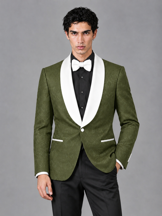 Savile Men's Olive Green Jacquard White Shawl Lapel 2-Piece Tuxedo Suit Set | Jacket & Trousers - Olive Green - Olive Green (1)