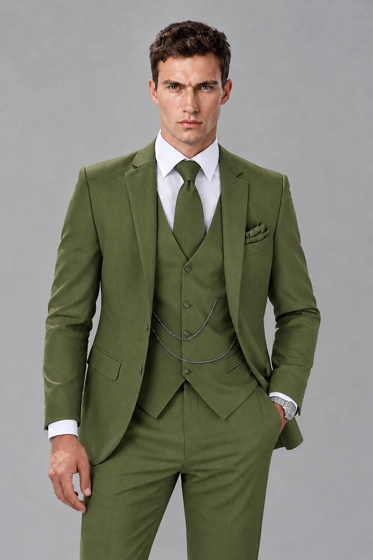 Savile Olive Green 3-Piece Suit with Notch Lapel & Chain Vest - Olive Green