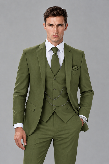 Savile Olive Green 3-Piece Suit with Notch Lapel & Chain Vest - Olive Green